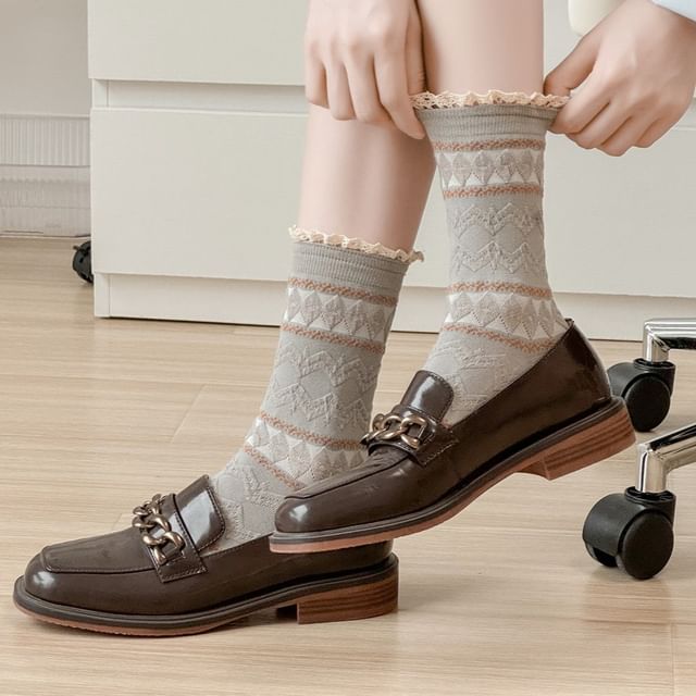 JVL-Diamond Jacquard Lace Trim Crew Socks