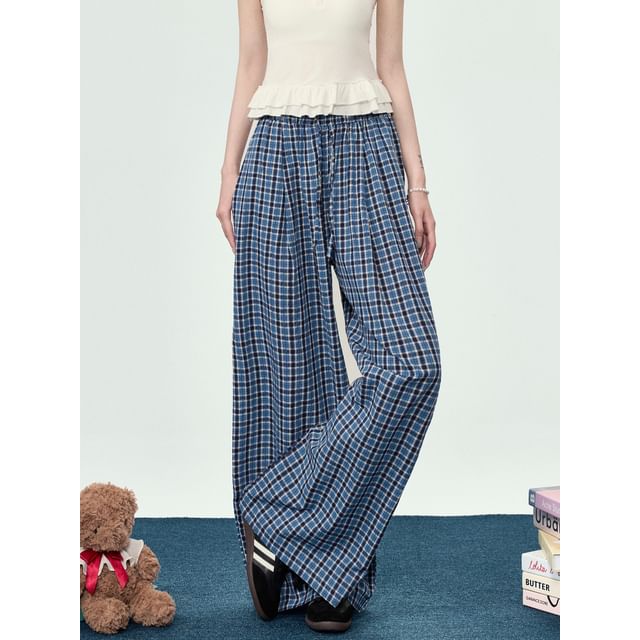 JVL-Drawstring Waist Plaid Wide Leg Pants