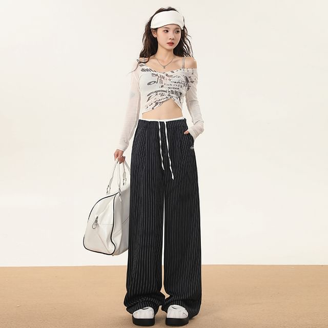JVL-Drawstring Waist Striped Wide Leg Pants Various Designs