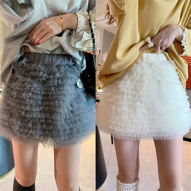 JVL-Elastic Waist Plain Sheer Mini Skirt
