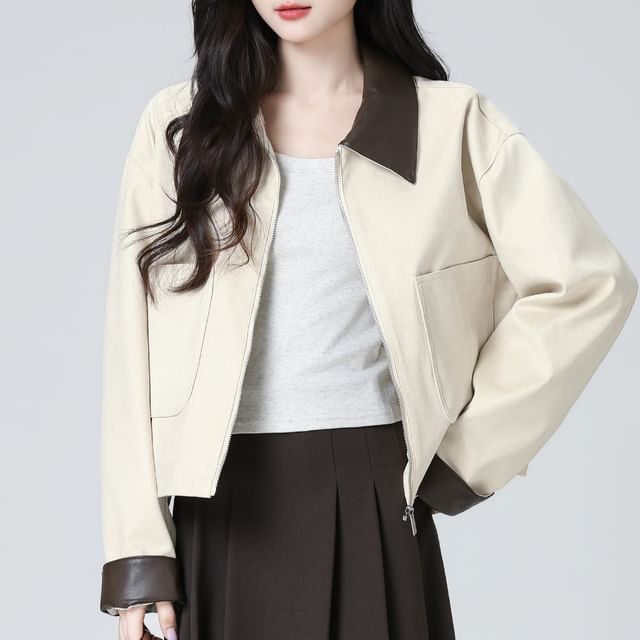 JVL-Faux Leather Collar Zip-Up Barn Jacket