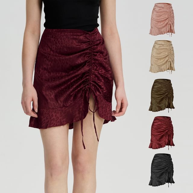 JVL-High Rise Leopard Patterned Ruffle Drawstring Jacquard Mini A-Line Skirt