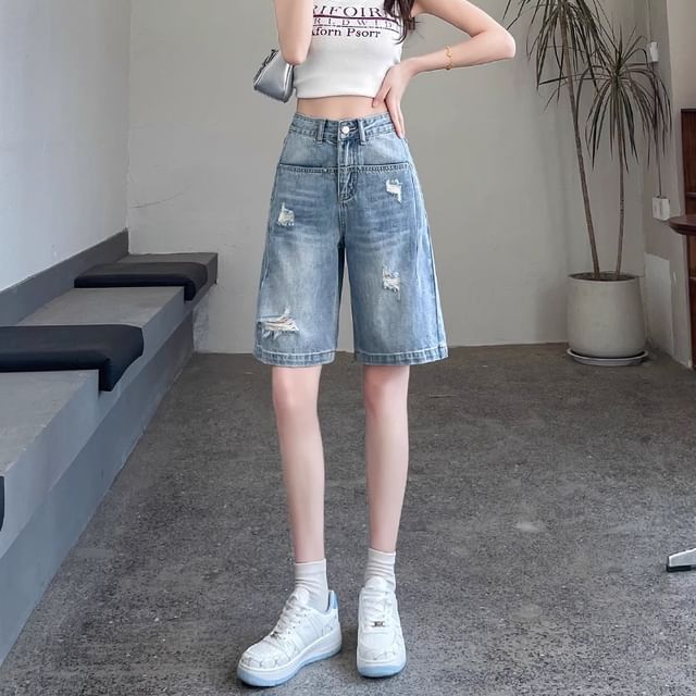 JVL-High Waist Distressed Denim Shorts