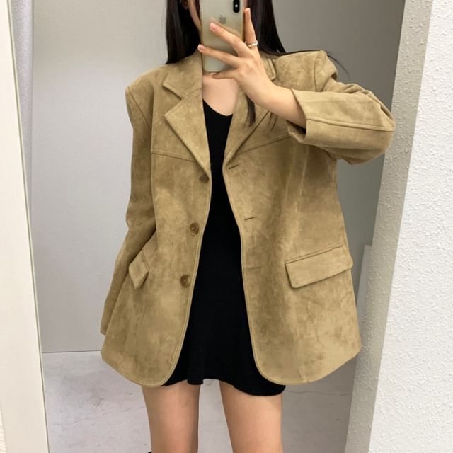 JVL-Lapel Collar Button-Up Plain Jacket