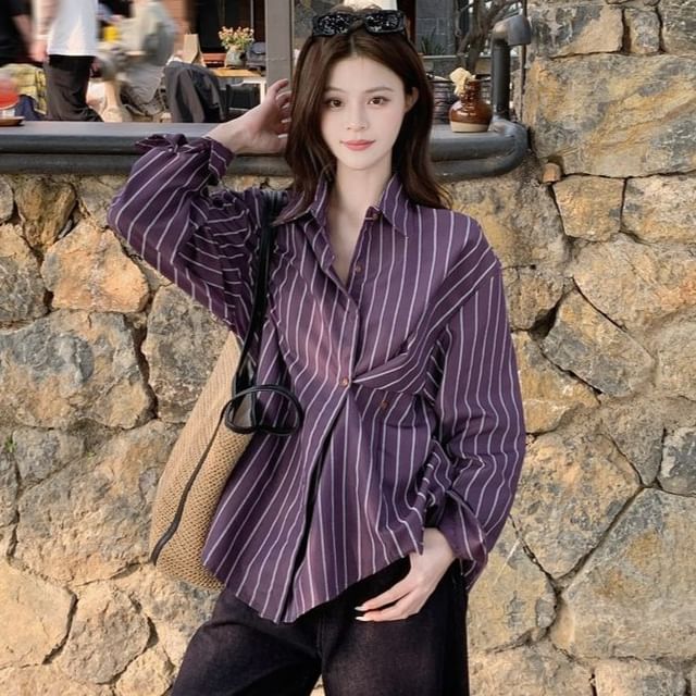 JVL-Long-Sleeve Asymmetrical Striped Shirt