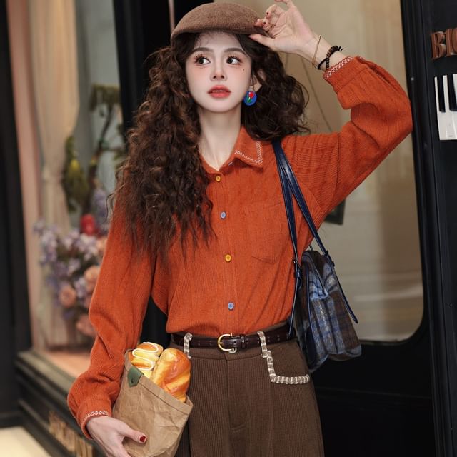 JVL-Long Sleeve Collared Embroidered Shirt