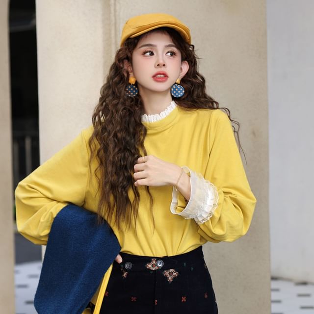 JVL-Long Sleeve Mock Neck Ruffle Panel Top