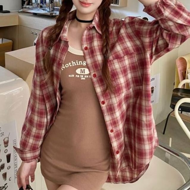 JVL-Long-Sleeve Plaid Button-Up Shirt