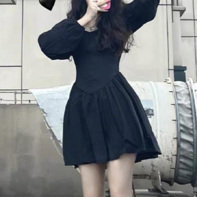 JVL-Long-Sleeve Square Neck Plain Mini A-Line Dress