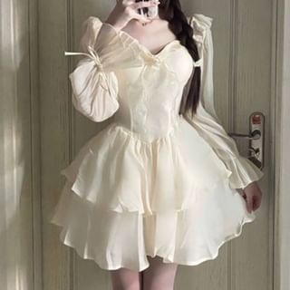 JVL-Long-Sleeve V-Neck Plain Mini Tiered Dress