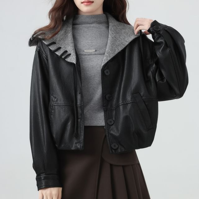 JVL-Sailor Collar Two Tone Button-Up Faux Leather Crop Jacket