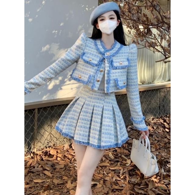 JVL-Set Plaid Tweed Button-Up Crop Jacket High Waist Mini Pleated Skirt