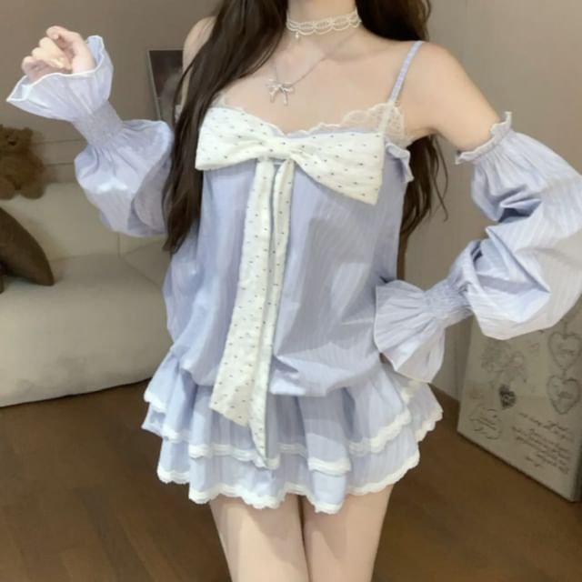 JVL-Set Spaghetti Strap V-Neck Striped Lace Panel Bow Accent Mini A-Line Dress Arm Sleeves Undershorts