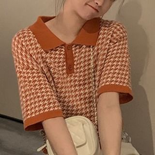 JVL-Short-Sleeve Houndstooth Knit Polo Top