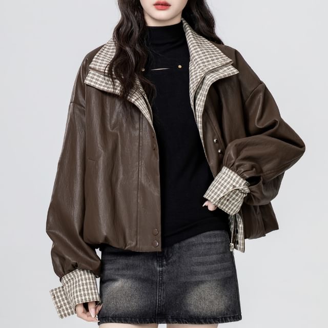 JVL-Stand Collar Plaid Panel Zip-Up Faux Leather Jacket