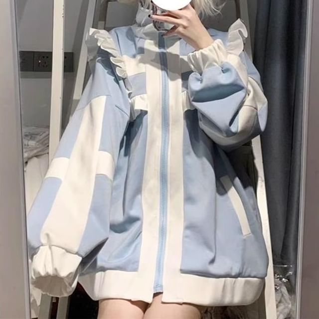 JVL-Stand Collar Two Tone Ruffle Panel Zip Jacket