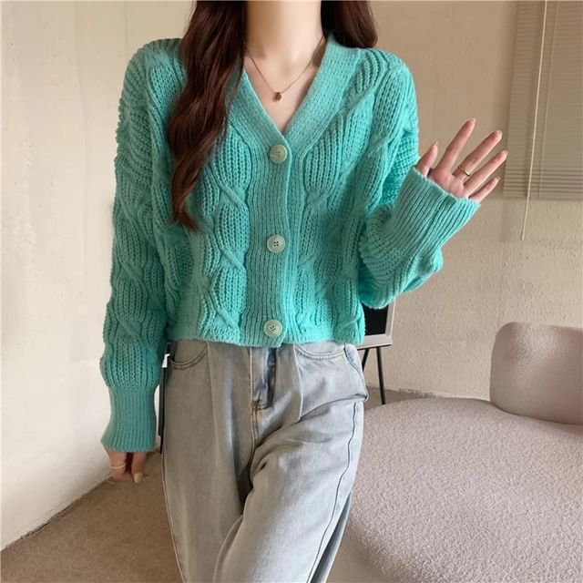 JVL-V-Neck Button-Up Plain Cardigan