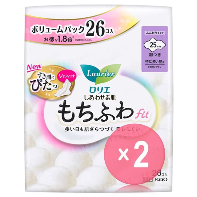 Kao -كاو-Laurier Happy Skin Mochifuwa Fit Volume Pack For Heavy Flow Daytime Use 25cm With Wings 2pcs Bundle Set