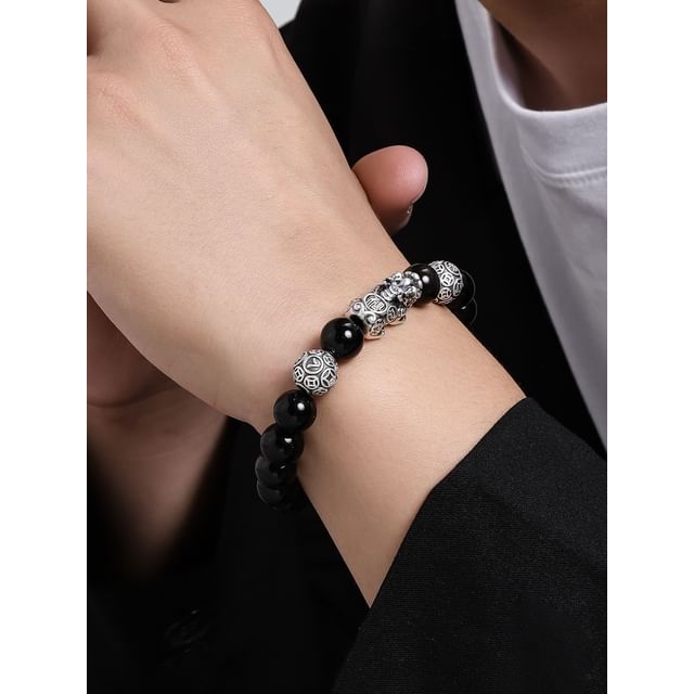 Karina Moon-Embossed S999 Silver Gemstone Bead Bracelet