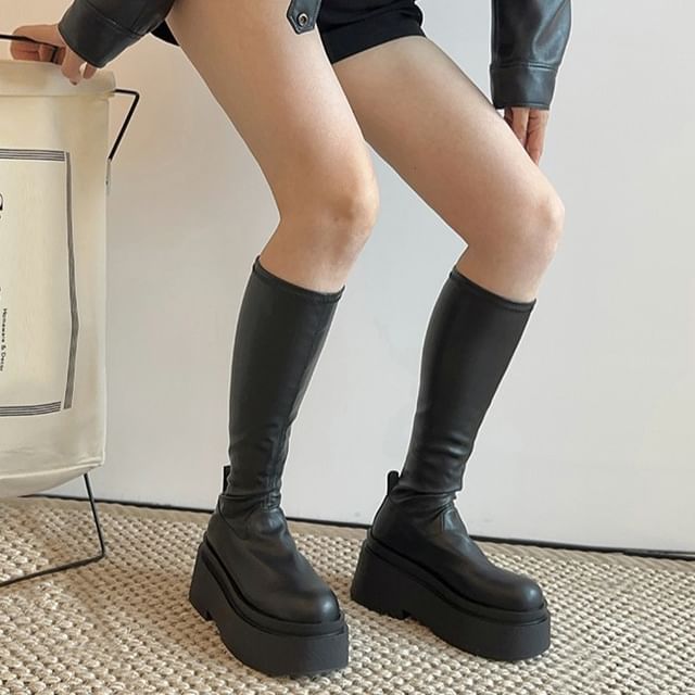 Karlao-Faux Leather Platform Tall Sock Boots