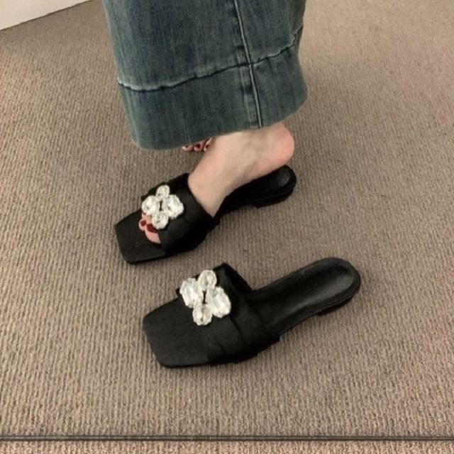 Karlao-Low Heel Square Toe Rhinestone Slide Sandals