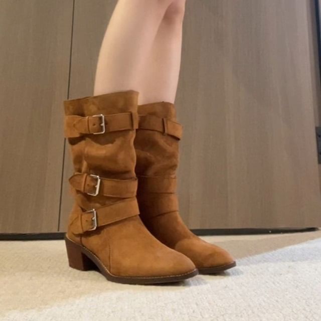Karlao-Pointed Buckled Chunky Heel Mid-Calf Boots