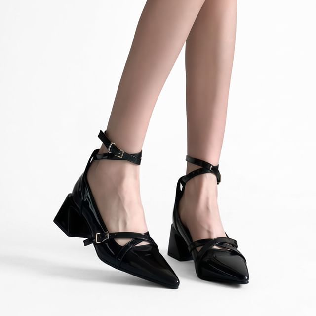 Karlao-Pointed Toe Criss Cross Ankle Strap Block Heel Pumps