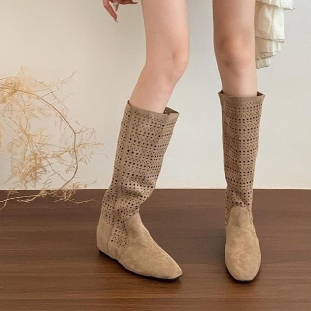 Karlao-Square Toe Hidden Wedge Cutout Tall Boots