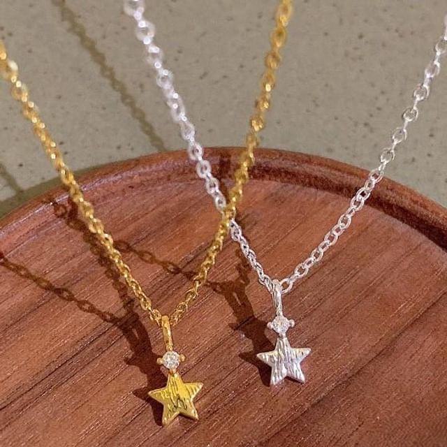 Kayochs-Brushed Star Pendant CZ Necklace