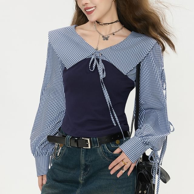Keiko Girl-Long-Sleeve Collared Two Tone Top