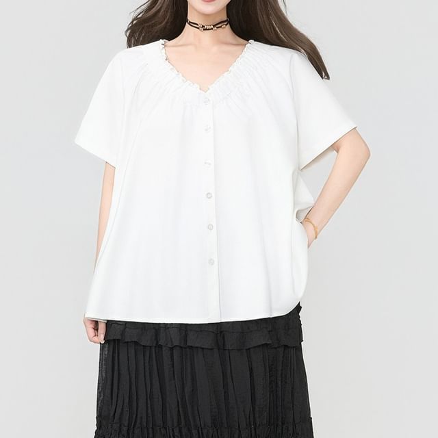 Keiko Girl-Short-Sleeve V-Neck Button-Up Plain Blouse