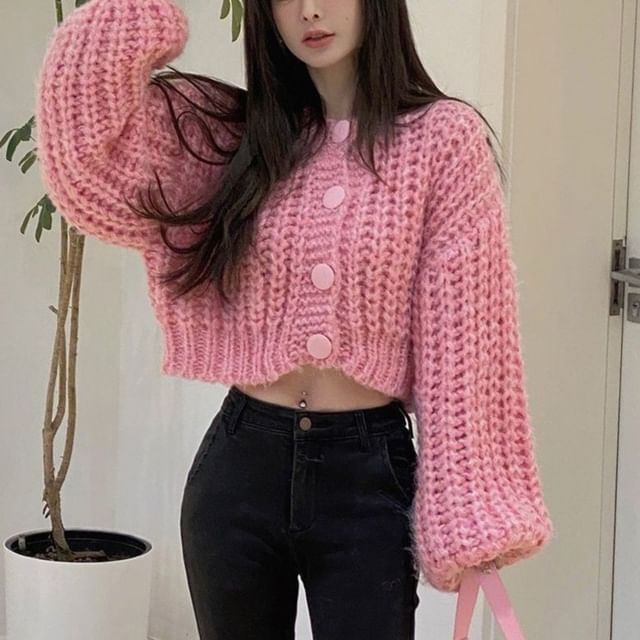 Kenning-Crew Neck Plain Cropped Cardigan