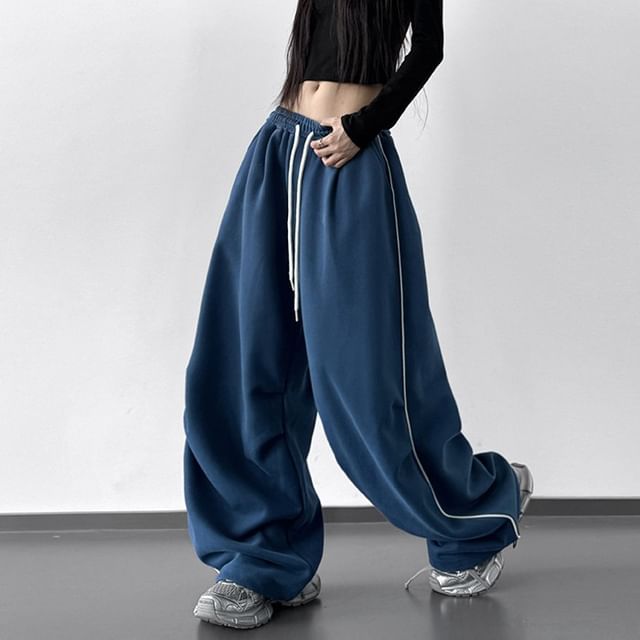 Kenning-Drawstring Waist Contrast Trim Baggy Sweatpants