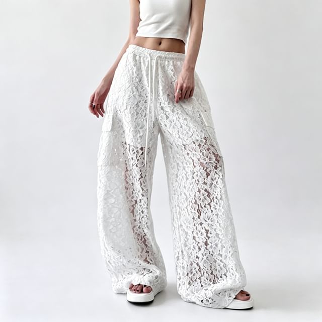 Kenning-Drawstring Waist Lace Wide Leg Pants
