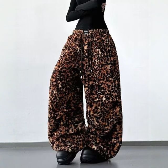 Kenning-Drawstring Waist Leopard Print Fleece Baggy Pants