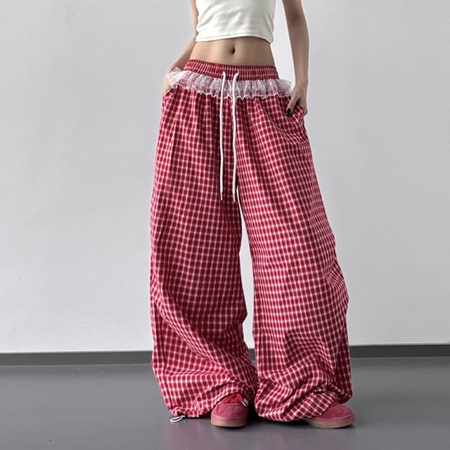 Kenning-Drawstring Waist Plaid Ruffle Panel Baggy Pants