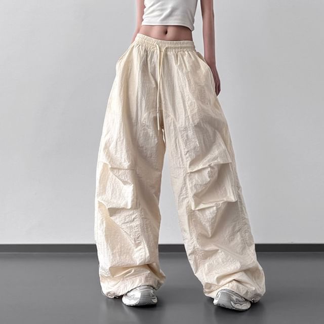 Kenning-Drawstring Waist Plain Baggy Parachute Pants