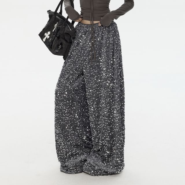 Kenning-Elastic Waist Sequined Wide Leg Pants
