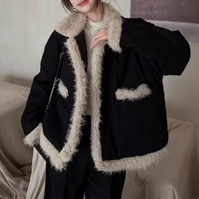 Kenning-Fleece Collar Contrast Trim Button-Up Barn Jacket