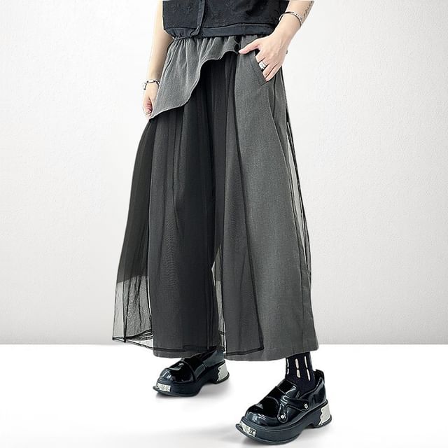 Kenning-High Waist Panel Mesh Culottes