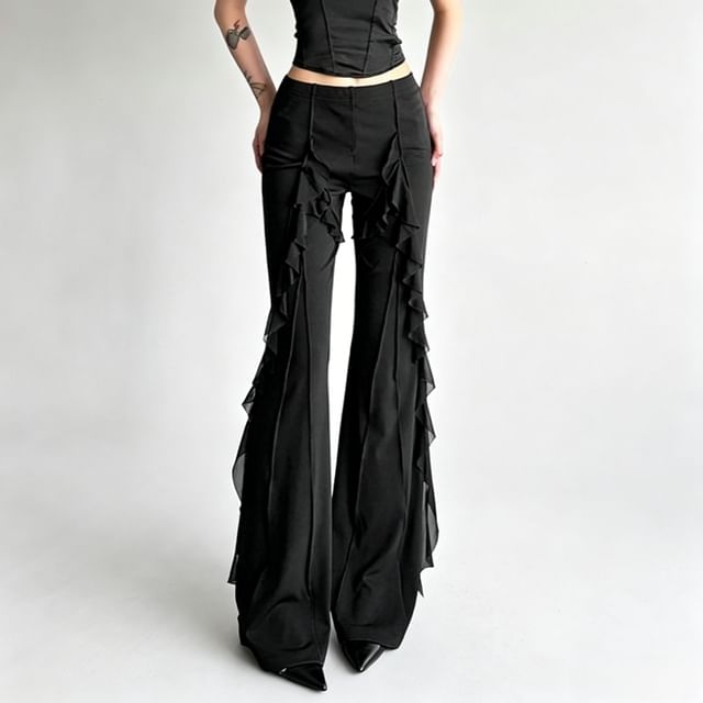 Kenning-High Waist Plain Ruffle Trim Flared Pants