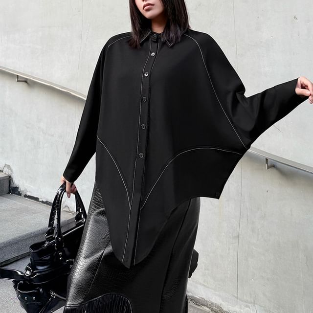 Kenning-Long-Sleeve Collared Asymmetrical Contrast Stitched Button-Up Blouse