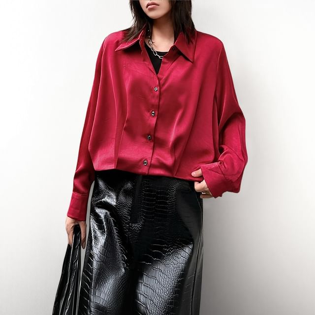 Kenning-Long-Sleeve Collared Drop Shoulder Plain Button Up Shirt