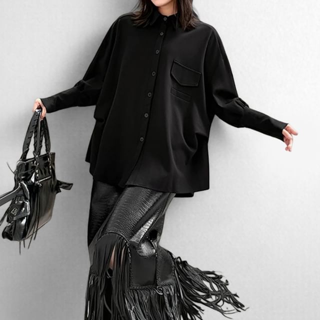 Kenning-Long-Sleeve Collared Plain Oversized Button Up Shirt