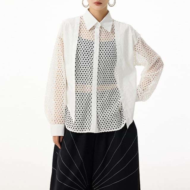 Kenning-Long Sleeve Collared Plain Panel Mesh Shirt