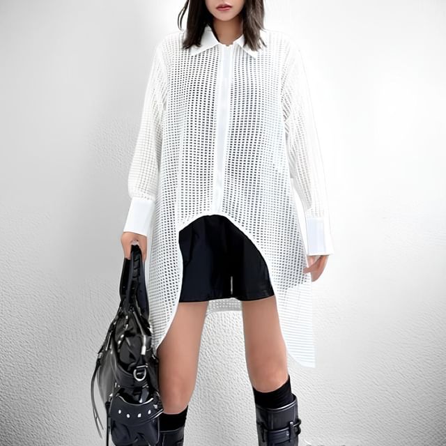 Kenning-Long Sleeve Collared Plain Waffle Zip Shirt