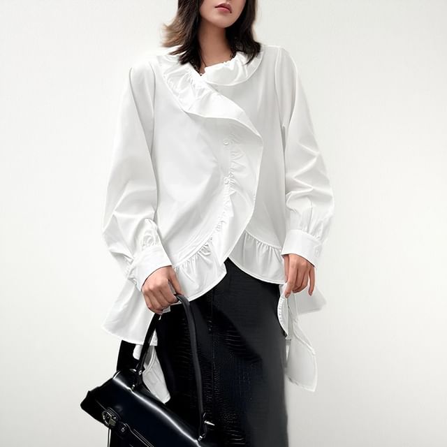 Kenning-Long-Sleeve Plain Ruffle Trim Blouse