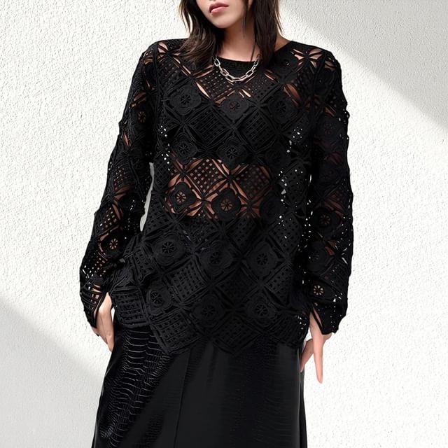 Kenning-Long-Sleeve Round Neck Plain Lace Top