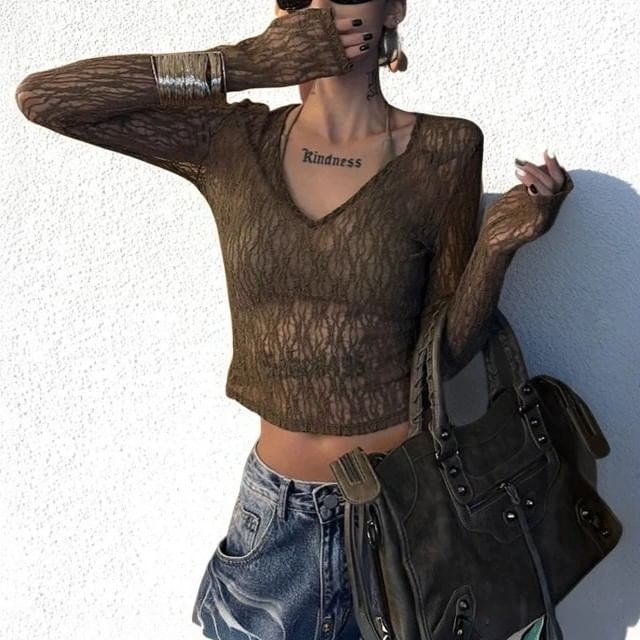Kenning-Long-Sleeve V-Neck Lace Crop Top