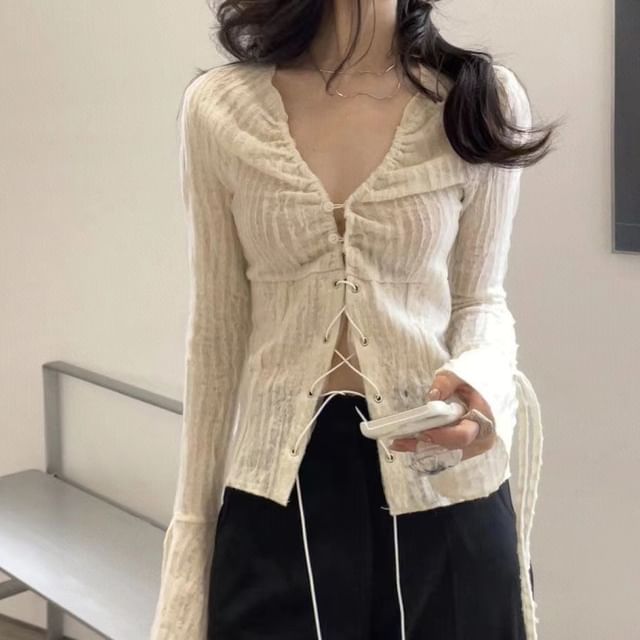 Kenning-Long-Sleeve V-Neck Plain Lace-Up Blouse